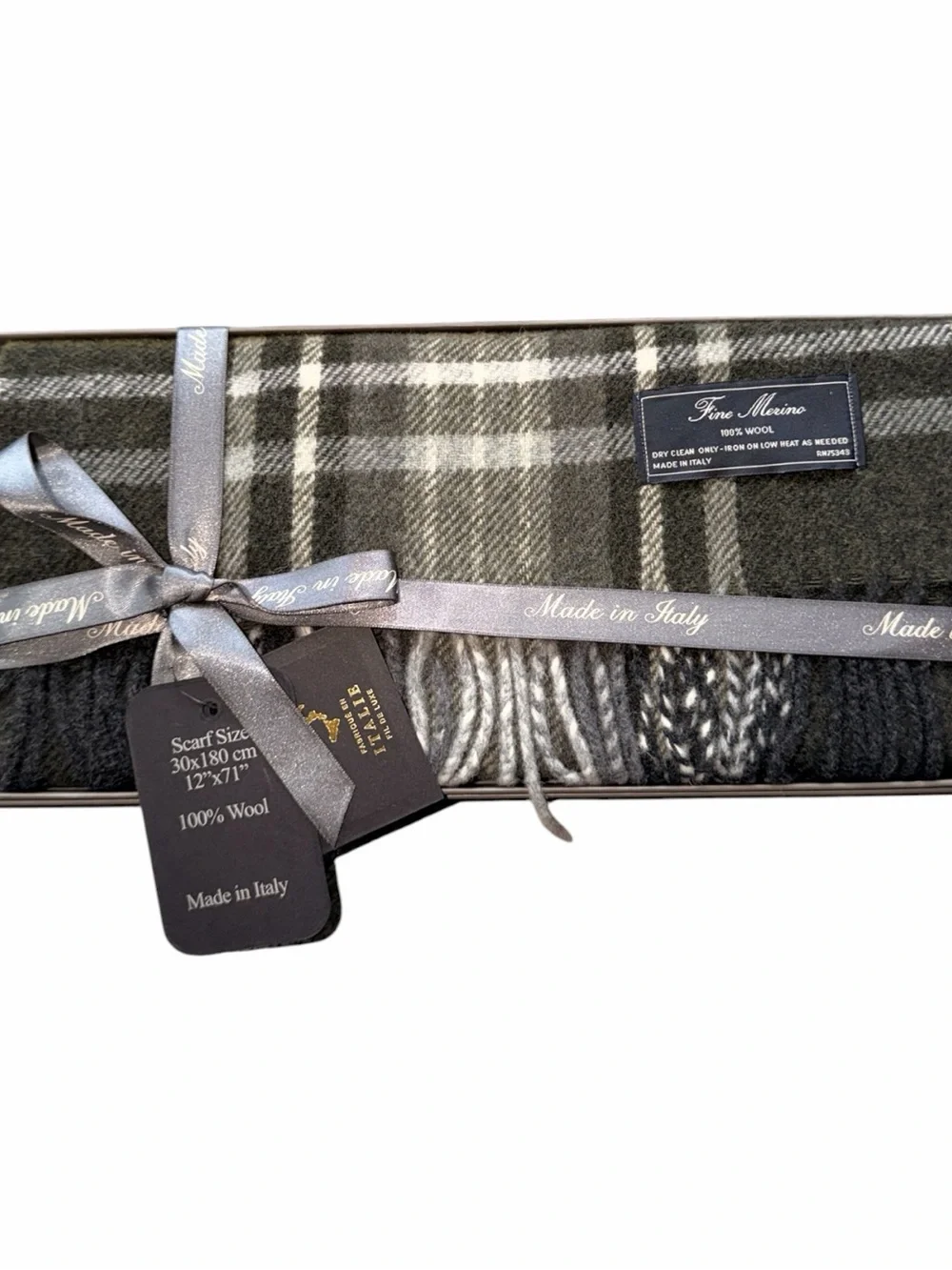 NWT NIB Men’s Fine Merino 100% Wool Green Plaid Scarf Made in Italy